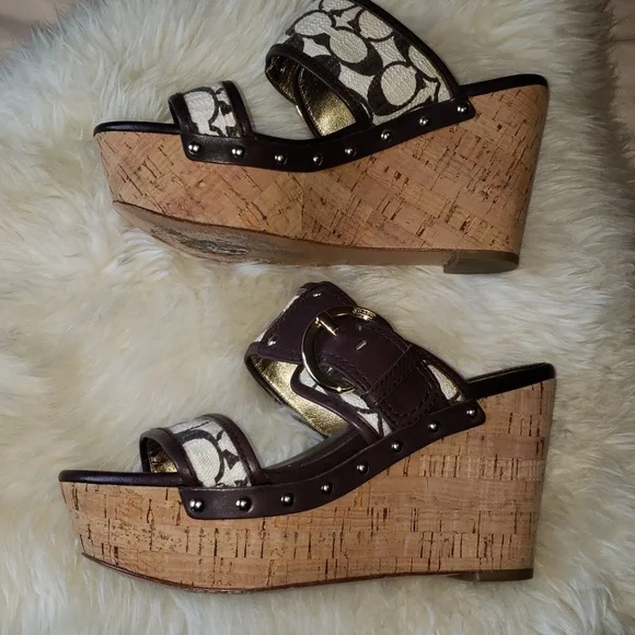 Coach Platform Wedge Open Toe Slide Sandals Brown Tan 6 - Picture 5 of 10